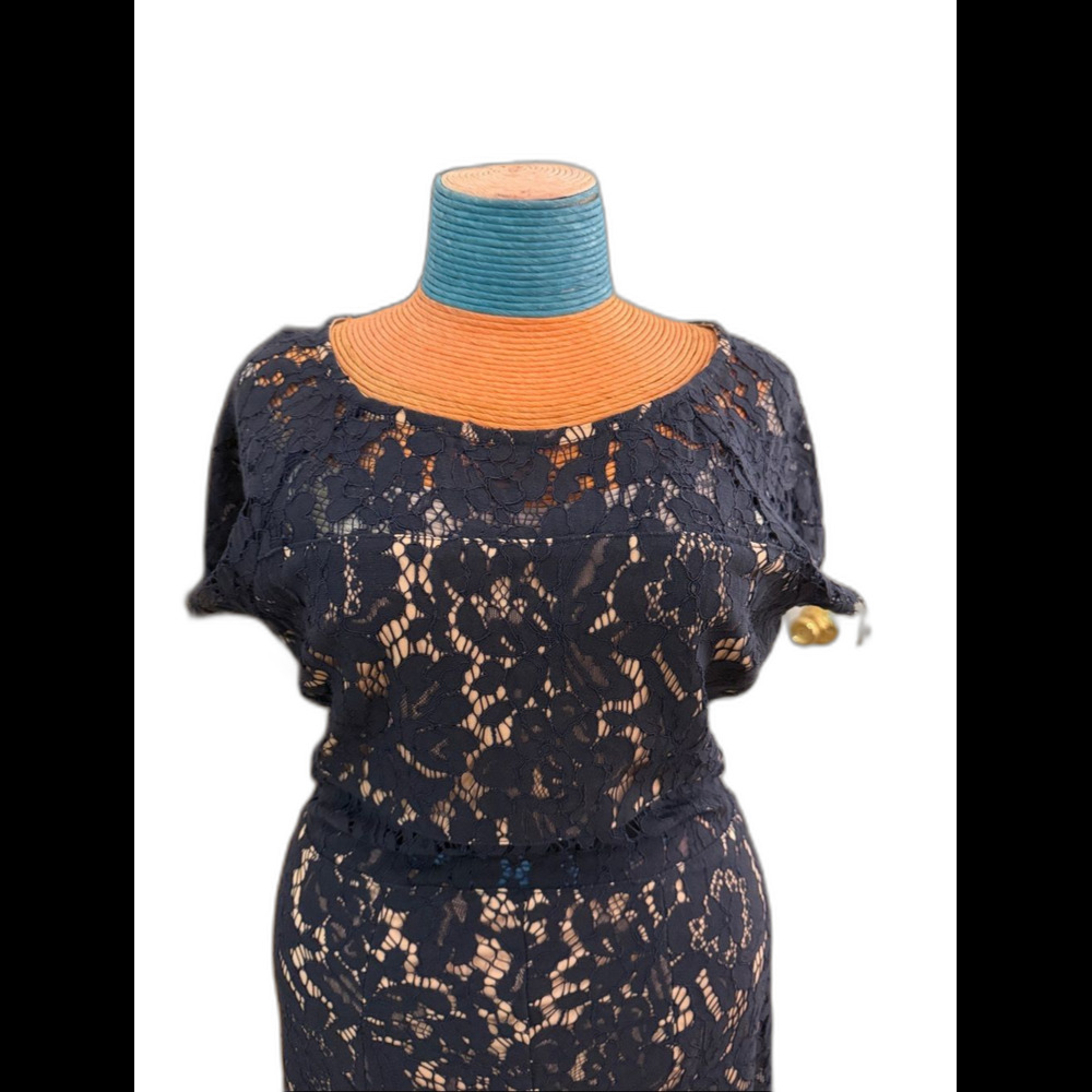 Soieblu Navy Lace Midi Dress with Sheer Floral Overlay